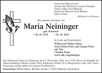Traueranzeige von Maria Neininger von Trauerportal Rhein Main Presse