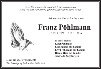 Traueranzeige von Franz Pöhlmann von VRM Trauer