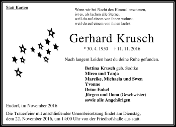 Traueranzeige von Gerhard Krusch von VRM Trauer
