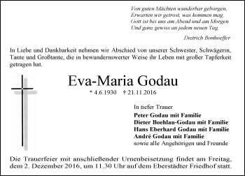Traueranzeige von Eva-Maria Godau von Trauerportal Echo Online