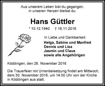 Traueranzeige von Hans Güttler von VRM Trauer