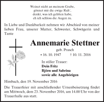 Traueranzeige von Annemarie Stettner von  Kreisanzeiger