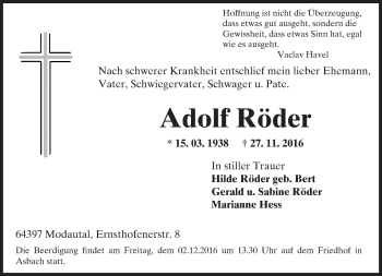 Traueranzeige von Adolf Röder von Trauerportal Echo Online