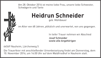 Traueranzeige von Heidrun Schneider von Trauerportal Rhein Main Presse