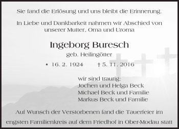 Traueranzeige von Ingeborg Buresch von Trauerportal Echo Online