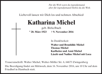 Traueranzeige von Katharina Michel von Trauerportal Echo Online