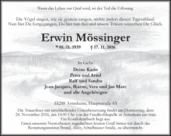 Traueranzeige von Erwin Mössinger von Trauerportal Rhein Main Presse