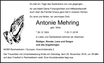 Traueranzeige von Antonie Mehring von Trauerportal Echo Online