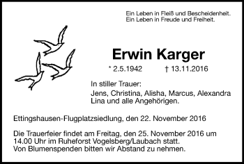 Traueranzeige von Erwin Karger von  Gießener Anzeiger