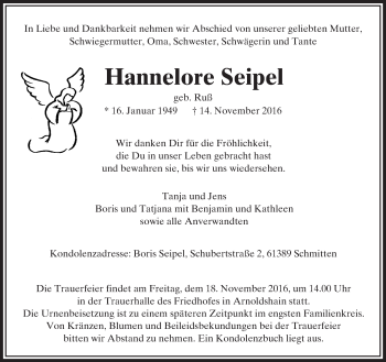 Traueranzeige von Hannelore Seipel von  Usinger Anzeiger
