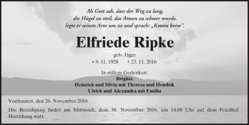 Traueranzeige von Elfriede Ripke von  Kreisanzeiger