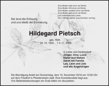 Traueranzeige von Hildegard Pietsch von Trauerportal Rhein Main Presse