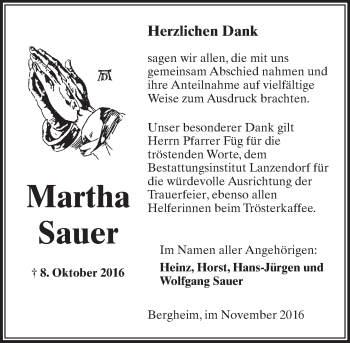 Traueranzeige von Martha Sauer von  Kreisanzeiger