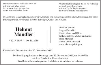 Traueranzeige von Helmut Mandler von  Gießener Anzeiger
