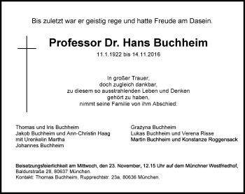 Traueranzeige von Hans Buchheim von Trauerportal Rhein Main Presse