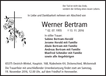 Traueranzeige von Werner Bertram von Trauerportal Rhein Main Presse