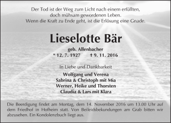 Traueranzeige von Lieselotte Bär von Trauerportal Echo Online