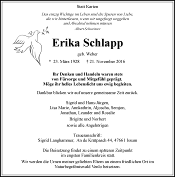 Traueranzeige von Erika Schlapp von  Usinger Anzeiger