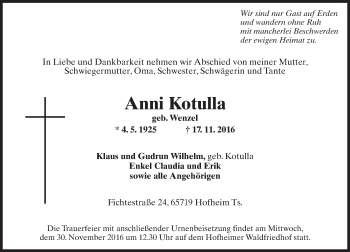 Traueranzeige von Anni Kotulla von Trauerportal Rhein Main Presse