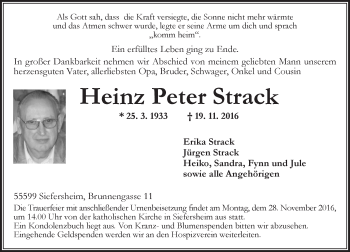 Traueranzeige von Heinz Peter Strack von Trauerportal Rhein Main Presse