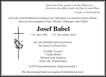 Traueranzeige von Josef Babel von  Usinger Anzeiger