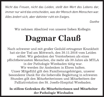 Traueranzeige von Dagmar Clauß von Trauerportal Rhein Main Presse