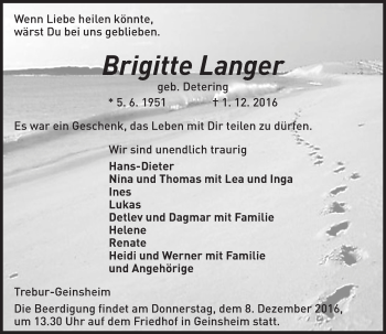 Traueranzeige von Brigitte Langer von Trauerportal Echo Online