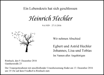 Traueranzeige von Heinrich Hechler von Trauerportal Echo Online