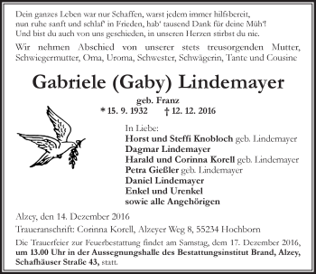 Traueranzeige von Gabriele Lindemayer von Trauerportal Rhein Main Presse