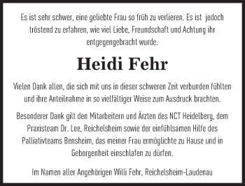 Traueranzeige von Heidi Fehr von Trauerportal Echo Online