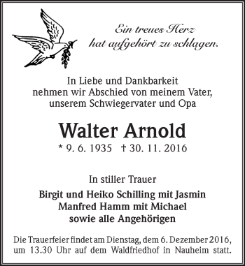 Traueranzeige von Walter Arnold von Trauerportal Echo Online