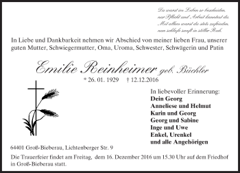 Traueranzeige von Emilie Reinheimer von Trauerportal Echo Online