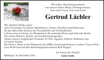 Traueranzeige von Gertrud Lächler von  Kreisanzeiger