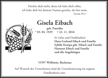 Traueranzeige von Gisela Eibach von Trauerportal Rhein Main Presse