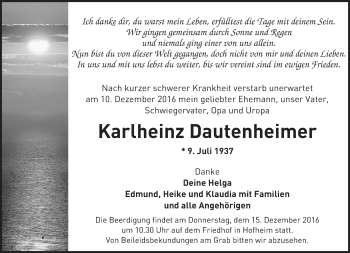 Traueranzeige von Karlheinz Dautenheimer von Trauerportal Echo Online