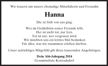 Traueranzeige von Hanna  von  Kreisanzeiger