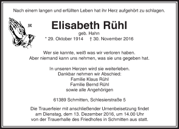 Traueranzeige von Elisabeth Rühl von  Usinger Anzeiger