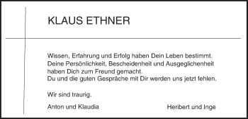 Traueranzeige von Klaus Ethner von Trauerportal Echo Online