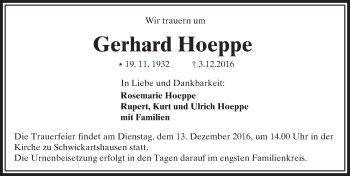 Traueranzeige von Gerhard Hoeppe von  Kreisanzeiger