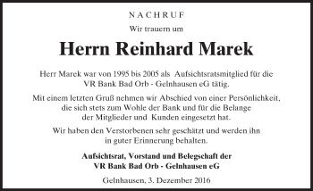 Traueranzeige von Reinhard Marek von  Gelnhäuser Tageblatt