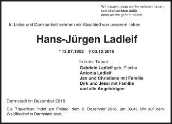Traueranzeige von Hans-Jürgen Ladleif von Trauerportal Rhein Main Presse