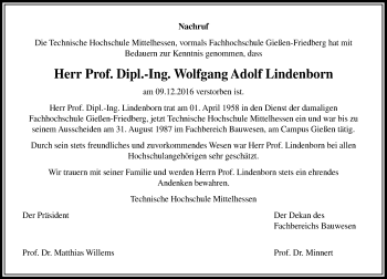 Traueranzeige von Wolfgang Adolf Lindenborn von  Gießener Anzeiger