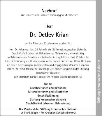 Traueranzeige von Detlev Krian von Trauerportal Rhein Main Presse