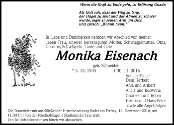 Traueranzeige von Monika Eisenach von VRM Trauer