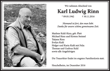 Traueranzeige von Karl Ludwig Rinn von  Gießener Anzeiger