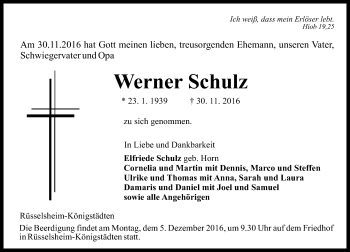 Traueranzeige von Werner Schulz von Trauerportal Rhein Main Presse
