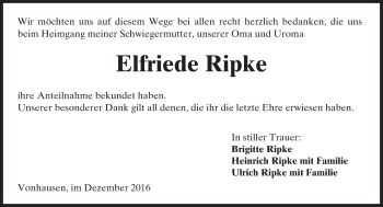 Traueranzeige von Elfriede Ripke von  Kreisanzeiger