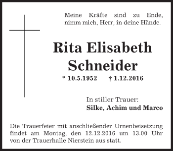 Traueranzeige von Rita Elisabeth Schneider von Trauerportal Rhein Main Presse