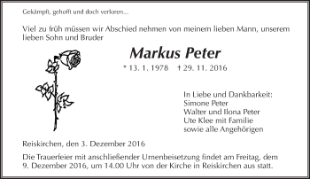 Traueranzeige von Markus Peter von  Gießener Anzeiger