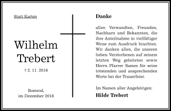Traueranzeige von Wilhelm Trebert von VRM Trauer